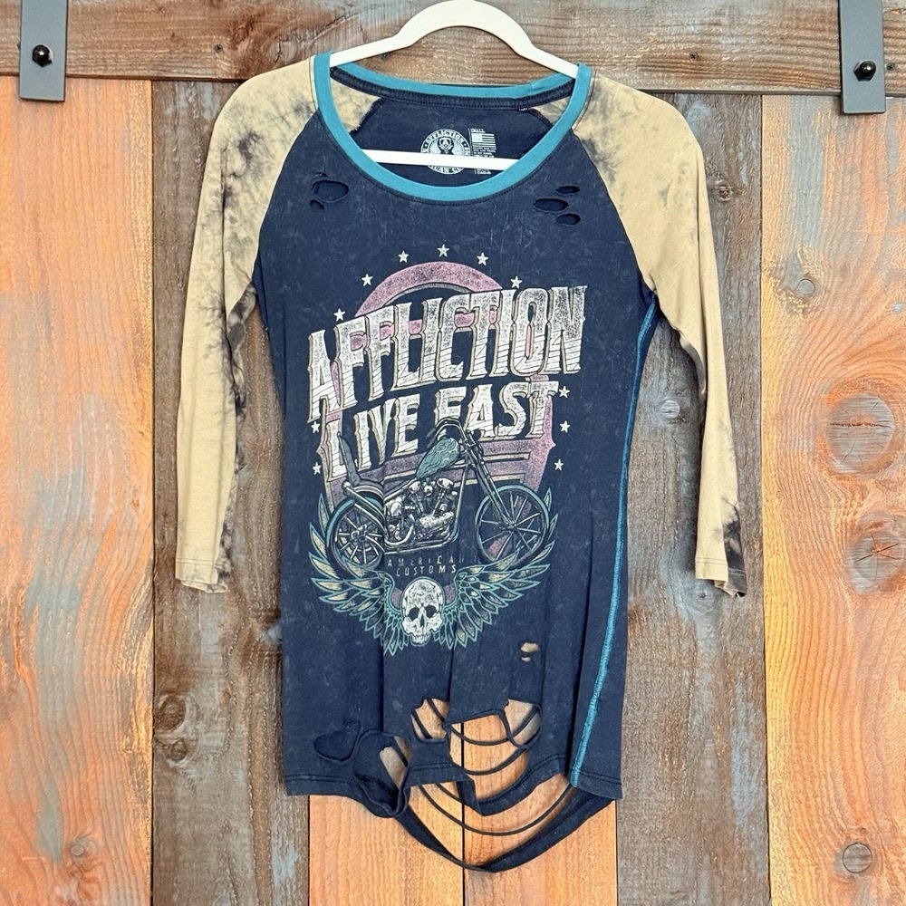 Affliction‎ Live Fast Y2K Distressed Destroyed 3/4 Sleeve Graphic Shirt Small